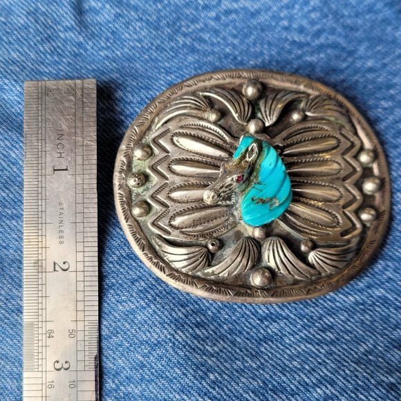 Sterling Silver and Turquoise Horse Head Belt Buckle by artist Johnny Blue Jay - Picture 4 of 4